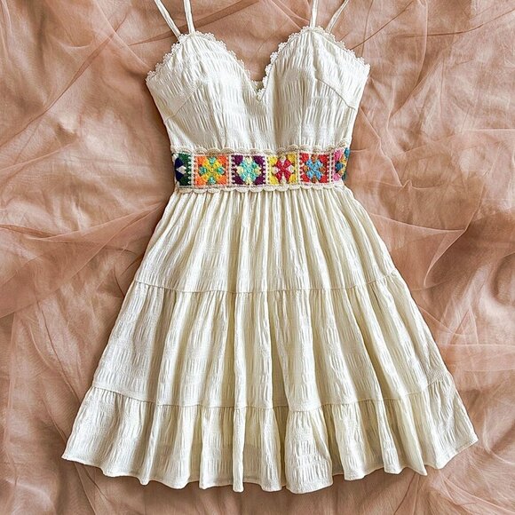 Apricot Boho Women's V-Neck Sleeveless Floral Lace Patchwork Color Block Dress - Picture 6 of 6